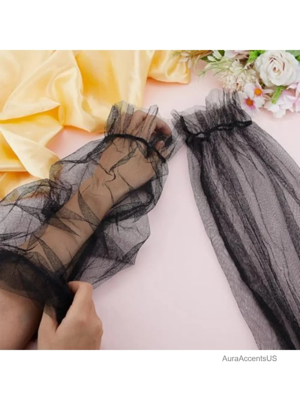 Detachable Lace Sheer Fingerless Ruffled Tulle Gloves, Long Mesh Arm Sleeves